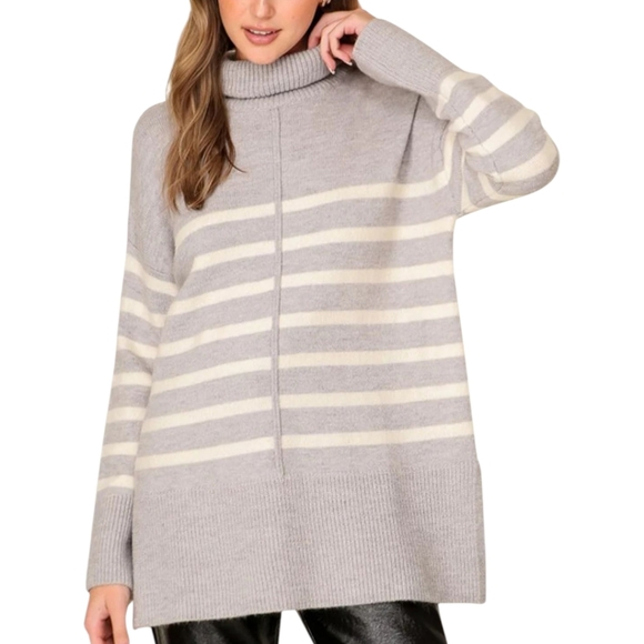 Lumiere Gray Striped Soft Knit Turtleneck Tunic Sweater  NWT Sz S - Picture 1 of 10